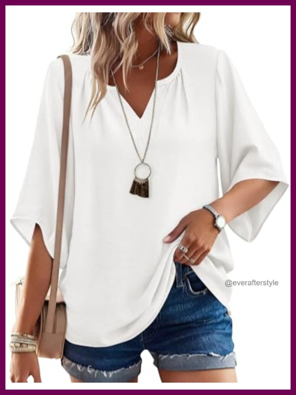Boho Peasant Blouse 3/4 Sleeve V-Neck Tunic Top Loose Fit